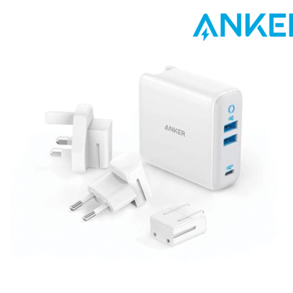 Anker PowerPort III Charger with 3 Plugs, 65W, 3 Ports, 2 USB-A and 1 USB-C, White - A2033H21